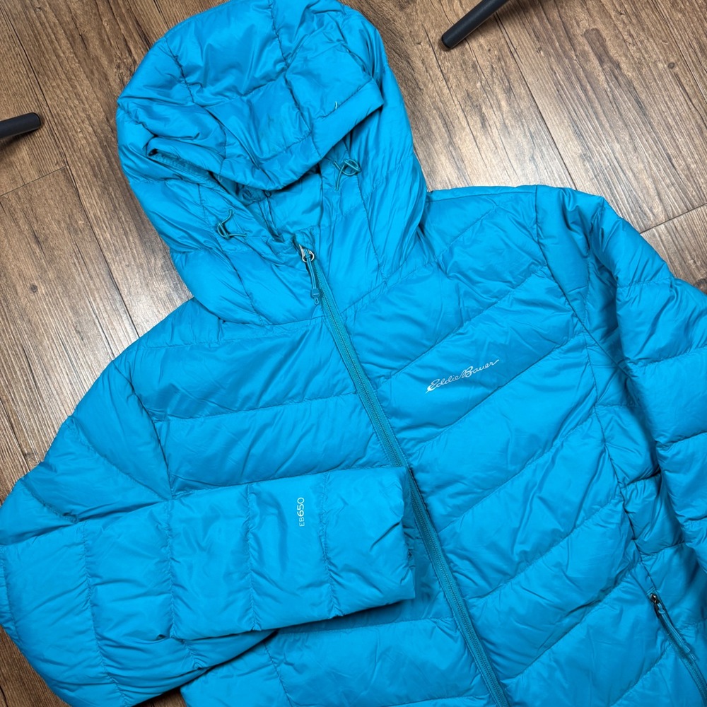 Eddie Bauer EB650 Down Puffer Jacket Womens XL Turquoise Blue Hooded Full Zip